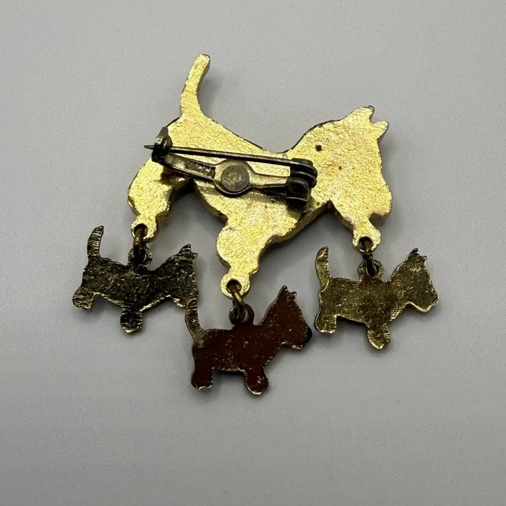 Vintage Gold Tone Scottie Dog Mother and Puppies Dangle Brooch Pin Korea